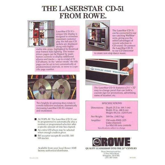 Rowe Laserstar CD-51 Jukebox FLYER Original NOS Phonograph Music Artwork 1995 - Picture 2 of 2